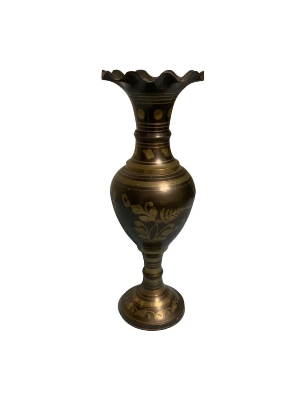 Vintage Brass Vase With Floral Engraving And Scalloped Rim 14